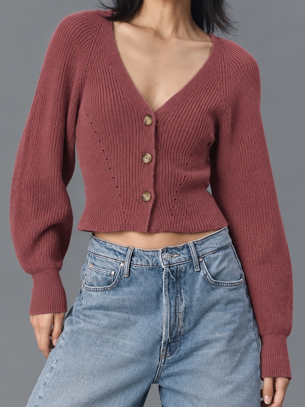 Pilcro Anthropologie Puff Sleeve Cardigan Sweater Cotton Merino Wool Maroon S